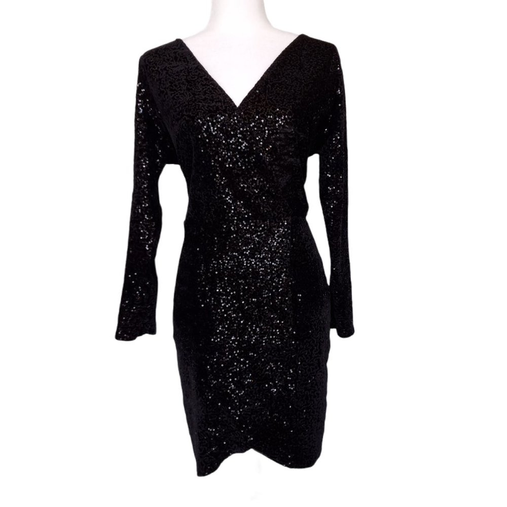 BOOHOO Sequin Faux Wrap Short Dress Black 14 LBD